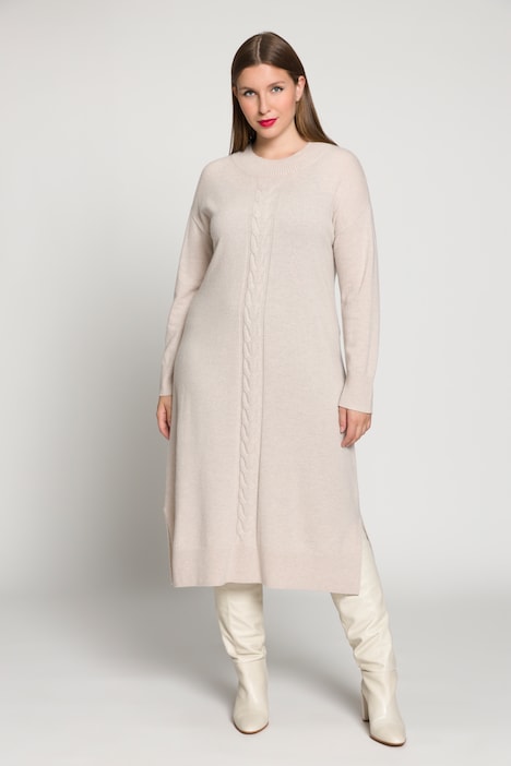 Strickkleid, Zopfmuster, Oversized, Stehkragen, Langarm