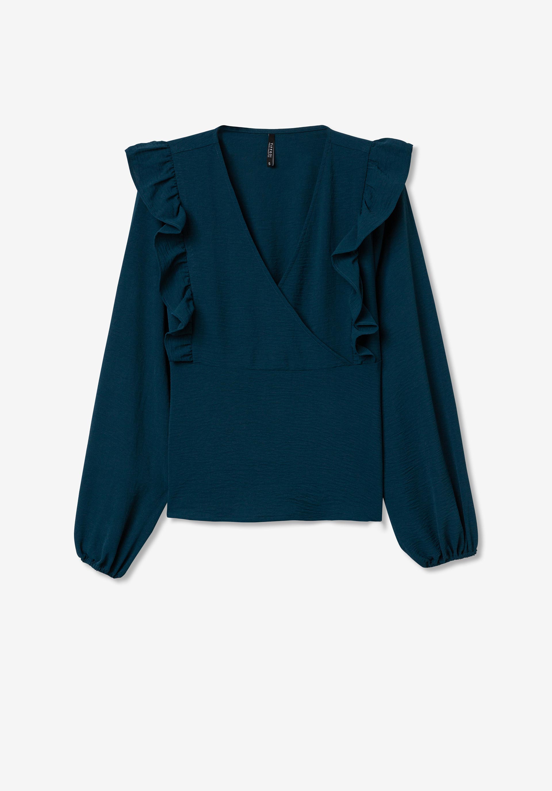 Blusa Efeito Enrugado Cruzada com Folho