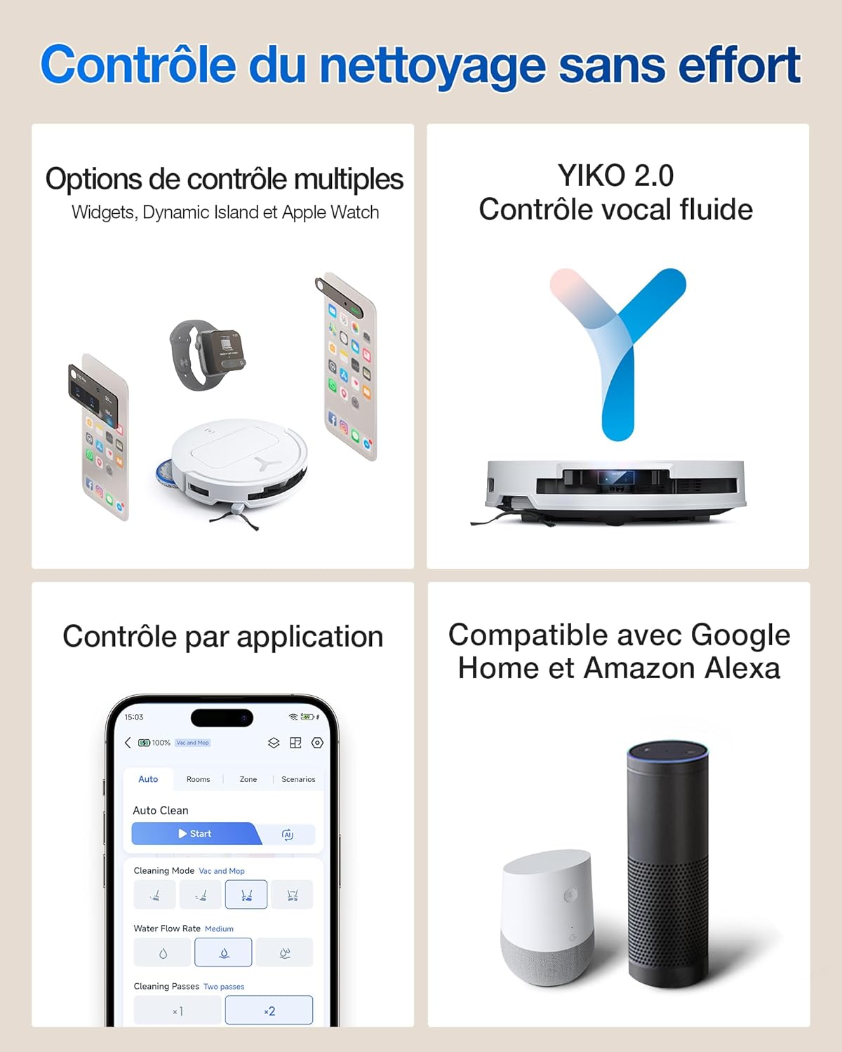 ECOVACS T50 Omni Aspirateur Robot avec Station, Puissance 15000Pa (amélioré par T30 Pro Omni), Brosse latérale et serpillière Extensibles, ZeroTangle 2.0, AIVI 3D 2.0, Lavage à l'eau Chaude 75℃,Blanc