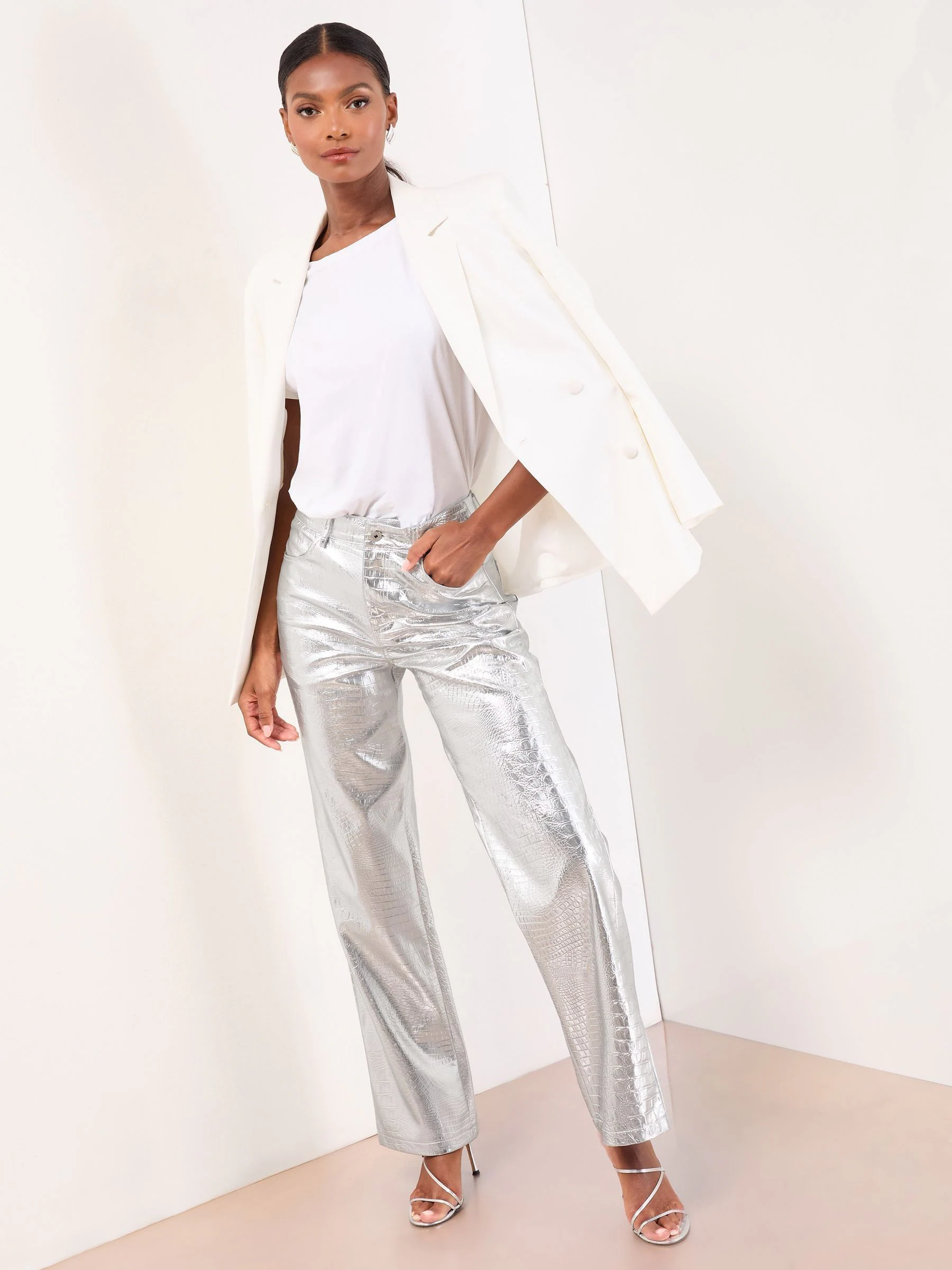Silver Croc Faux Leather - Lipsy Pintuck Tailored Wide Leg Trousers