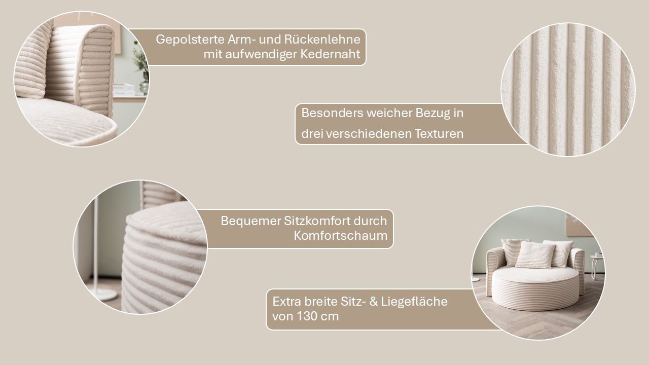 LeGer Home by Lena Gercke XXL-Sessel »ISALIE, Rundsessel mit Hocker, Lesesessel, Loveseat, Big-Sessel« Set,  trendige Stoffe, 3 Zierkissen, grosse Sitzfläche, Cord, Samt, Bouclé