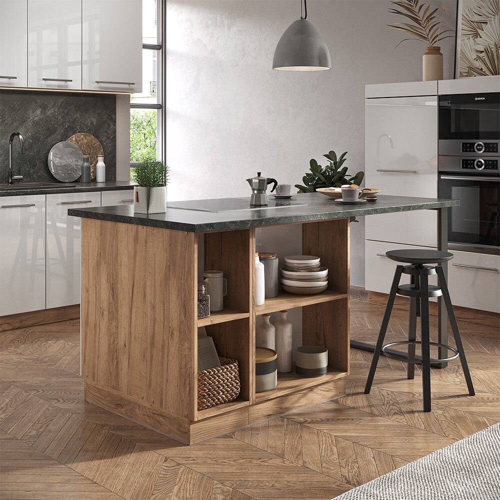Vicco Kücheninsel Küchenblock Einbauküche Fame-Line Eiche Weiß 90 cm modern Hochglanz Küchen Schränke Apothekerunterschrank Schubunterschrank Regalinselunterschrank Softclose-Scharnier Küchenmöbel