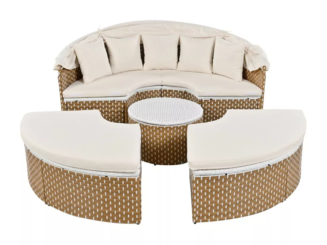 Salon de jardin en rotin tressée beige - cadres en fer - avec table basse relevable et 5 oreillers - 170x170x72/142cm
