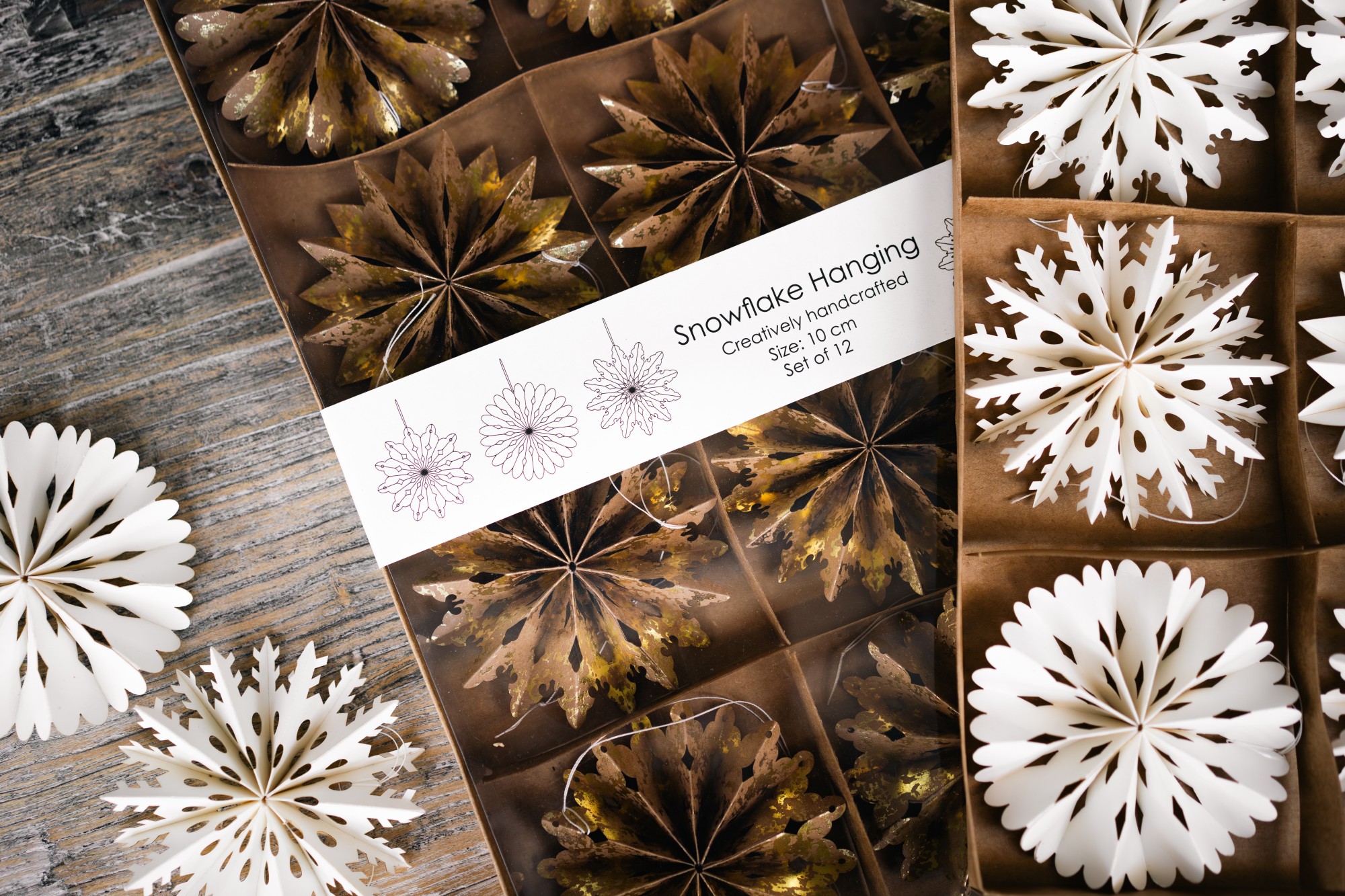 Weihnachtssterne aus Papier, 12 Stück, braun, gold, Ø 10 cm günstig bestellen