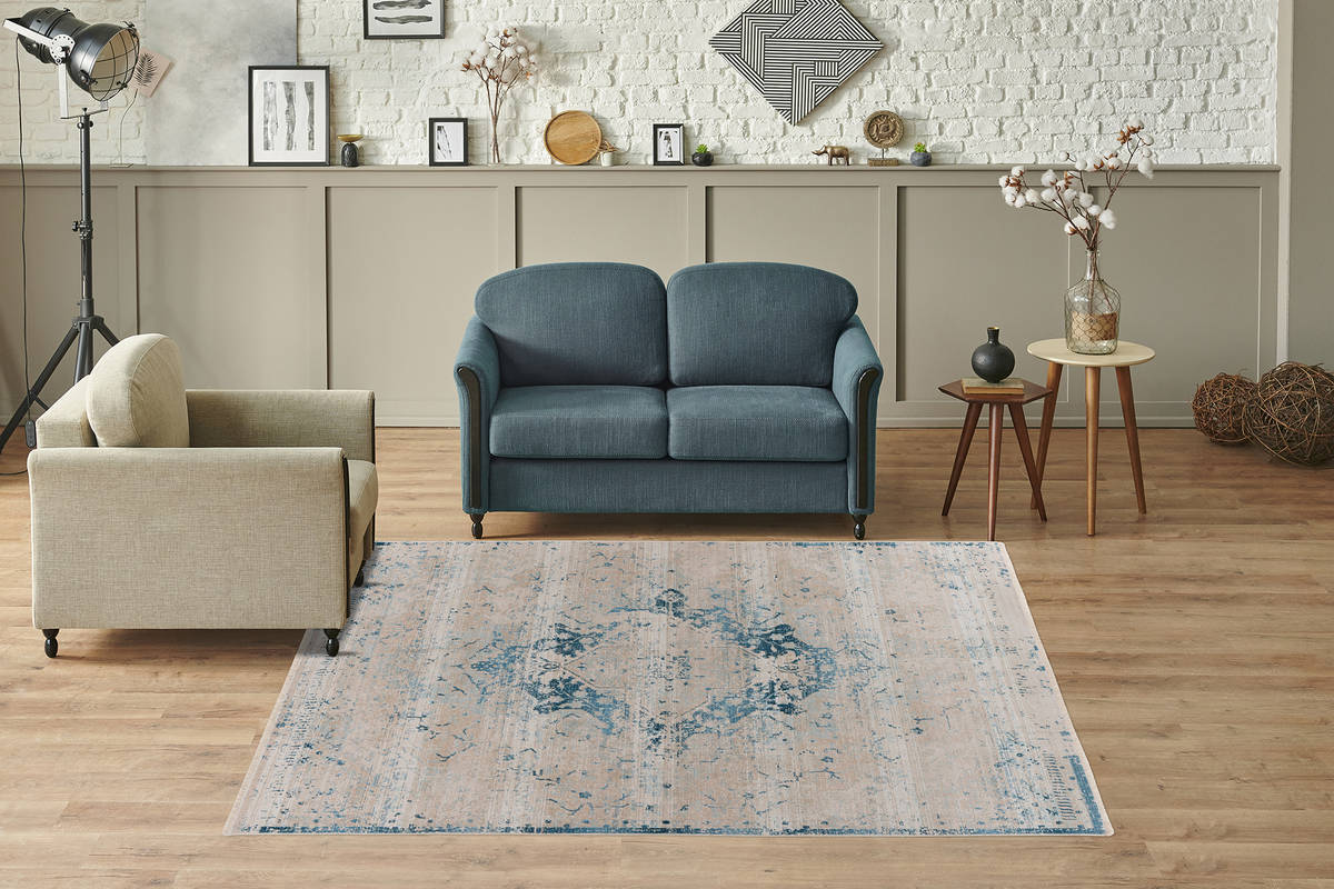 Kurzflorteppich DILAN 200 - blau-beige - 80x150 cm