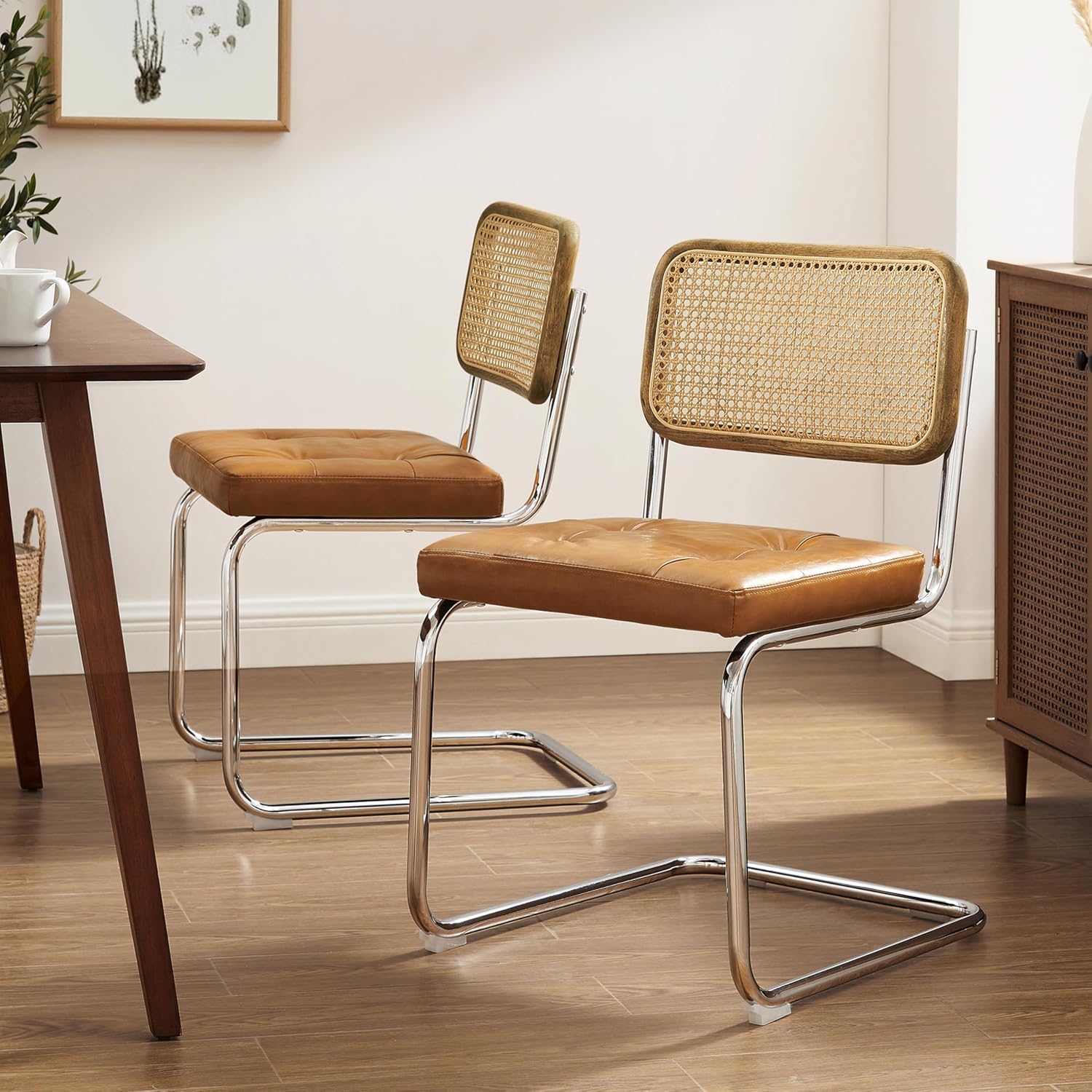 Zouron Esszimmerstühle Rattan Stuhl Schwingstühle 2er Set - mit Eichenholz Kunstleder Küchenstuhl Freischwinger Stühle Polsterstuhl Natur geflochtene Rattan Rückenlehne Chrom Metallbeine