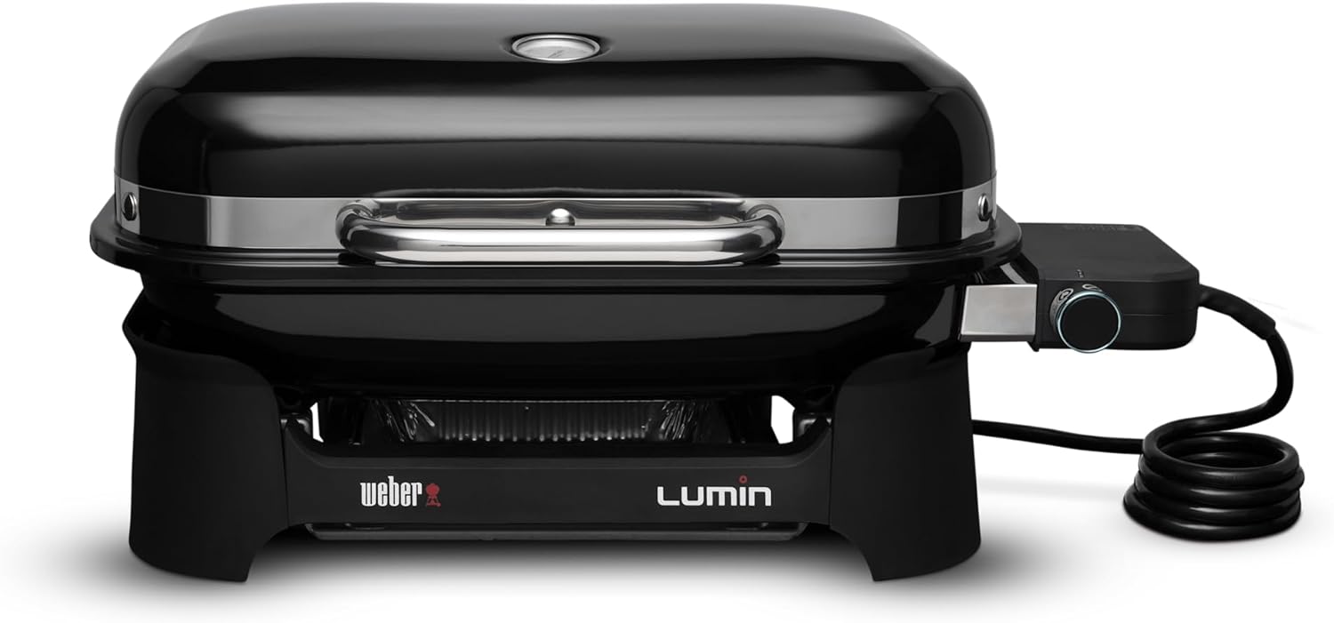 Weber Lumin Compact Tragbarer Kompakter Elektrogrill/Anbraten, Räuchern, Dämpfen, Kochen und Warmhalten, Bis zu 315 °C, Porzellanemaillierte Gusseisenroste, 43 x 32 cm, Schwarz