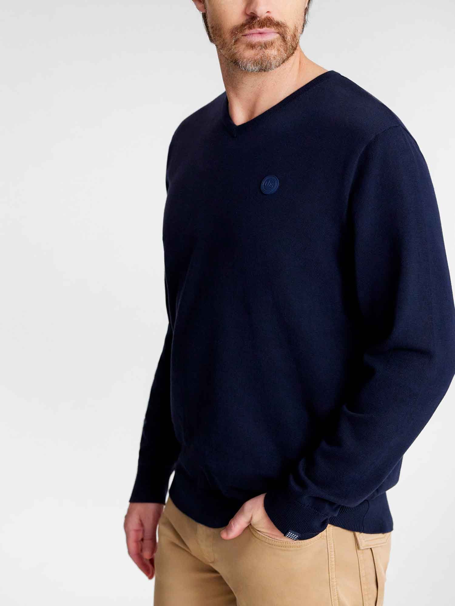 Pull Homme Col V Coton Biologique Marine