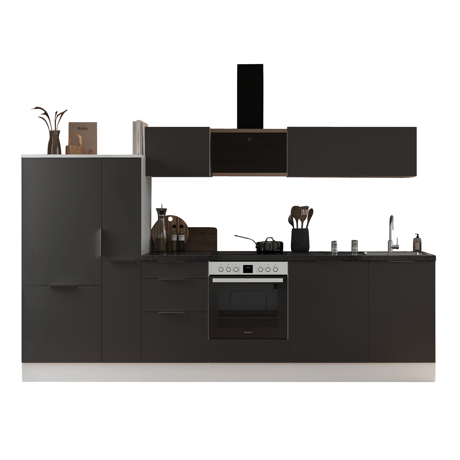 RESPEKTA Küchenblock - grau matt - weiß matt - mit E-Geräten - 310 cm