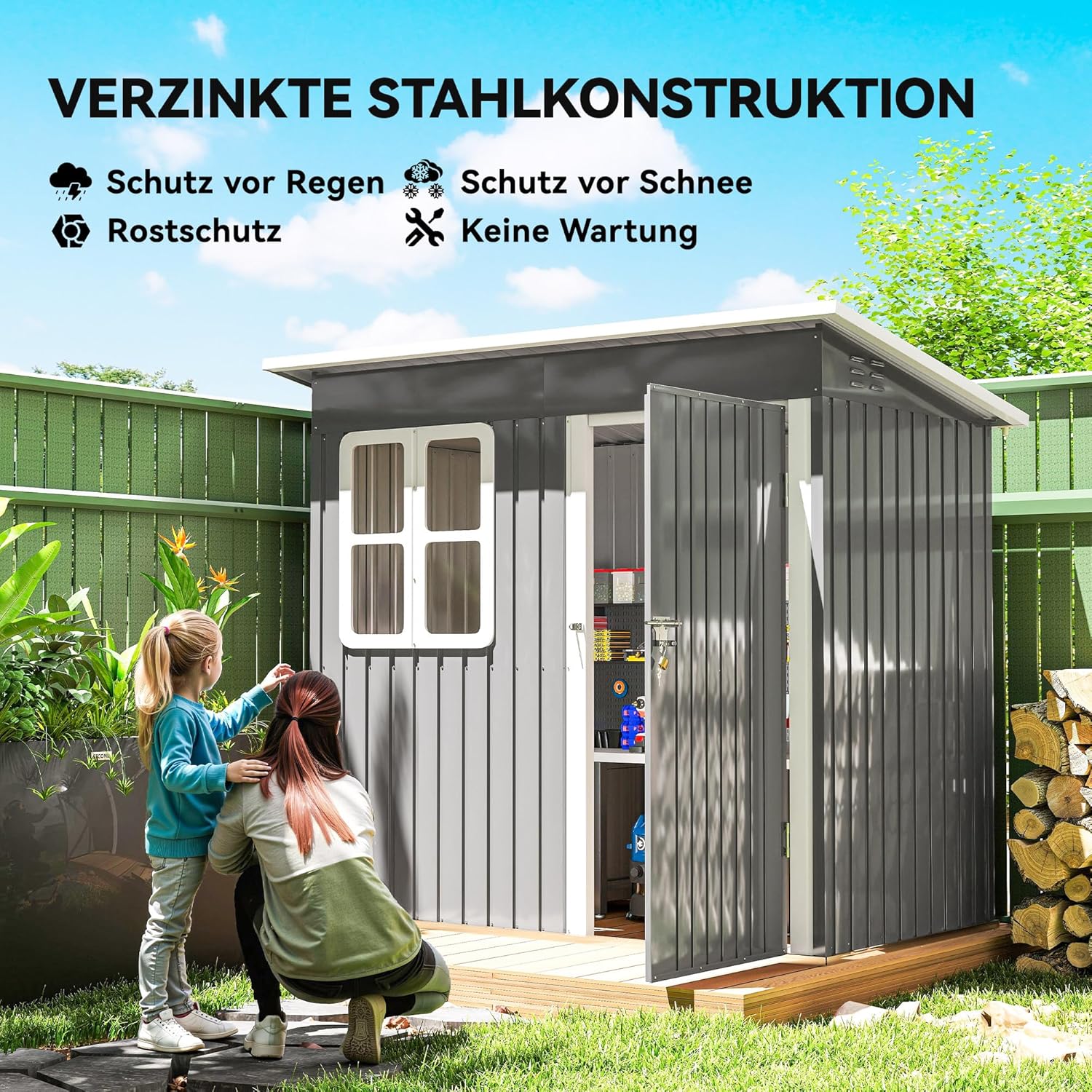 Outsunny Gerätehaus 2,55m², Gartenhaus mit Pultdach, 221 x 133 x 190/173 cm, Geräteschuppen mit Abschließbar Tür, Fenster, Fahrradgarage, Gartenschrank aus Stahl, für Hinterhof, Garten, Dunkelgrau