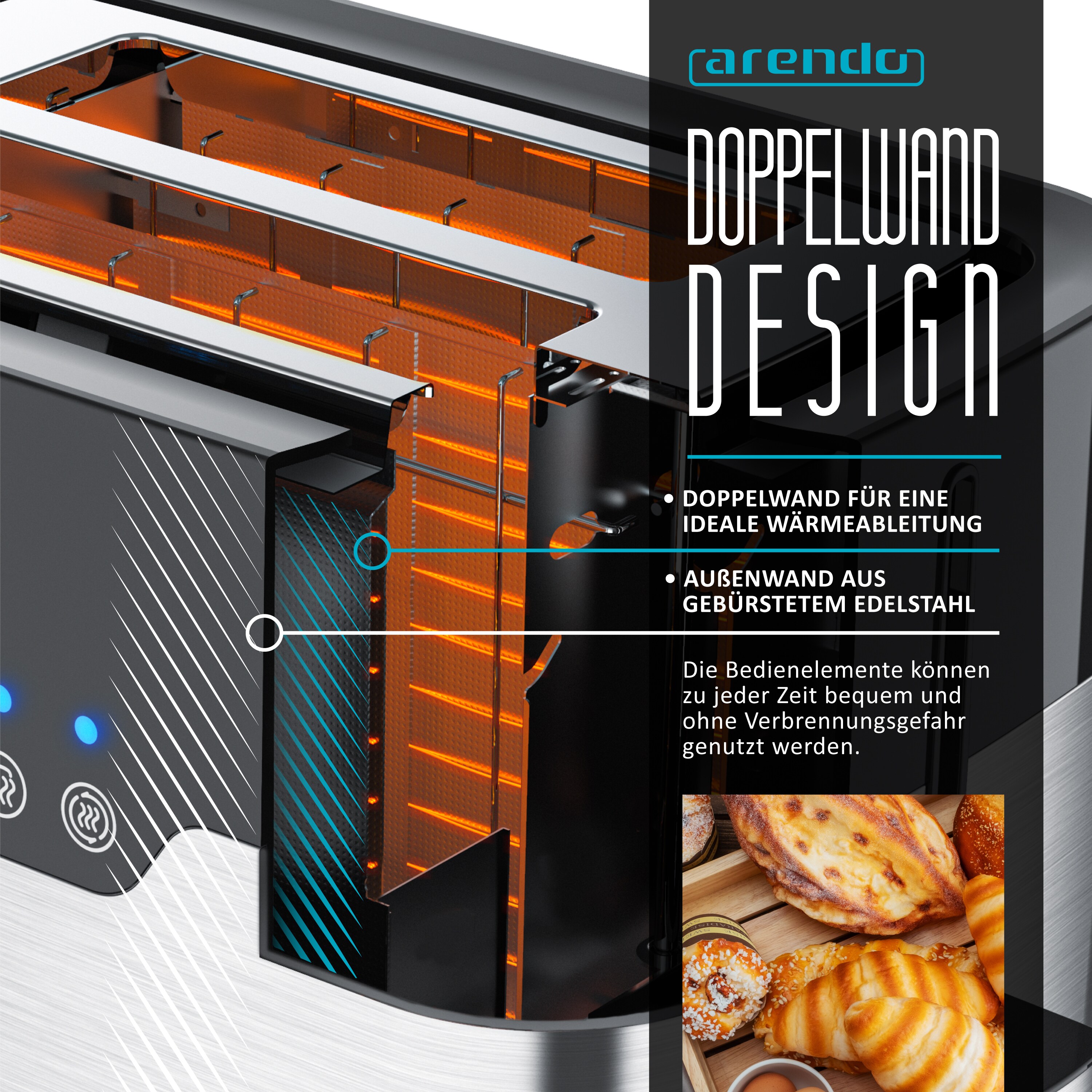 Arendo 2-Scheiben Toaster MORGEN Edelstahl, 920 W, mit extra breiten Schlitzen, Touchpanel mit LED-Anzeige, Schwarz/Silber