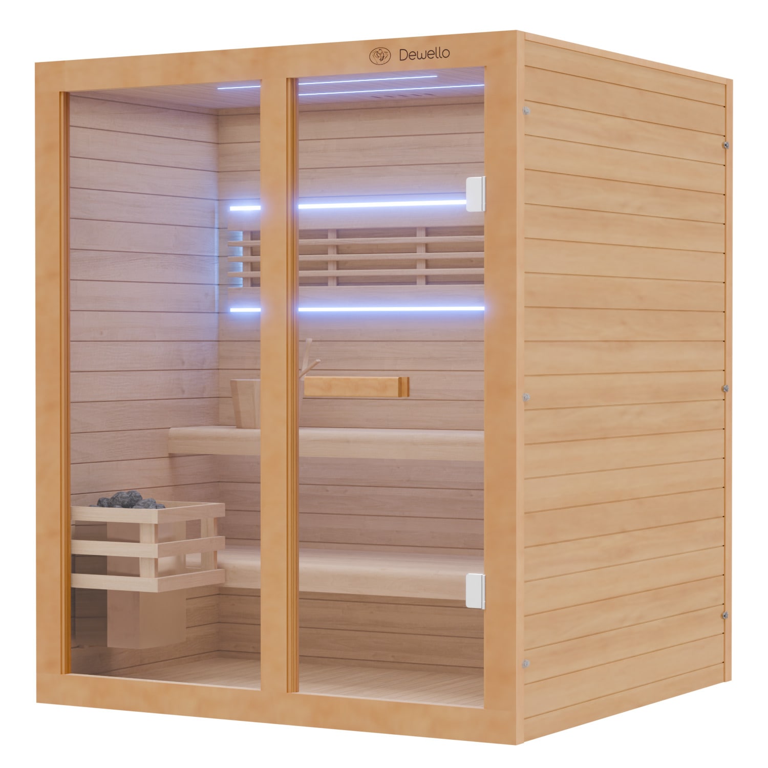 Dewello Finnische Sauna TOFINO 160x150 Kabine aus Hemlock Tannenholz mit,4,5 kW Harvia Ofen, inkl Sauna Set