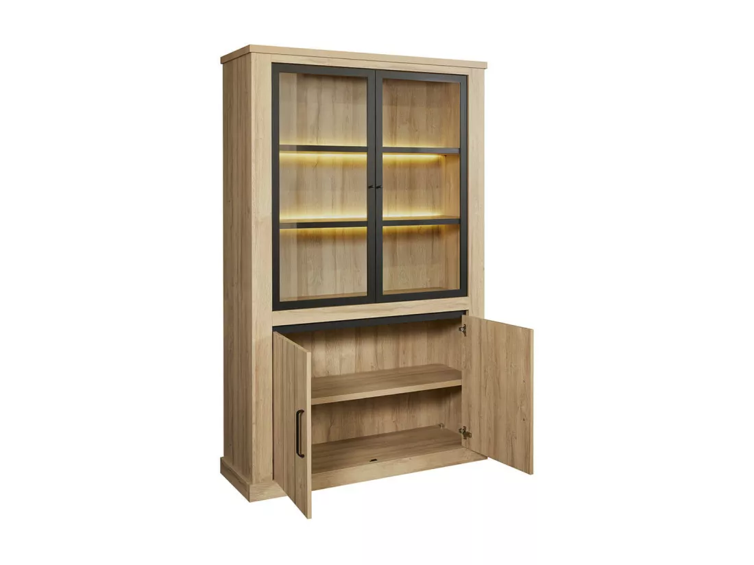LORENZO - Argentier 4 Portes avec Leds Aspect Bois Chêne Clair Finition French Oak