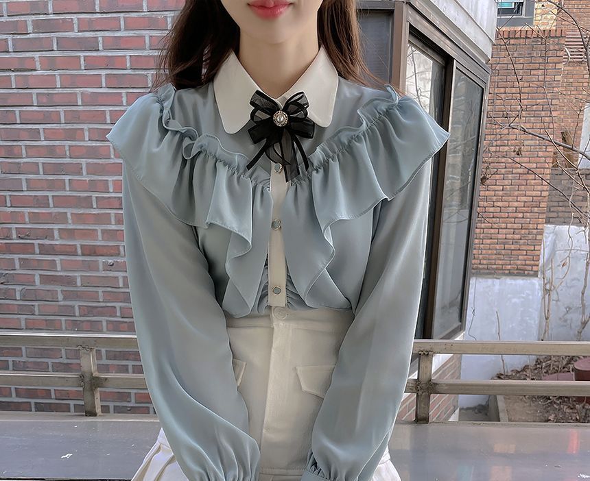 RONIN - Blouse met lange mouwen, kraag en tweekleurige ruches