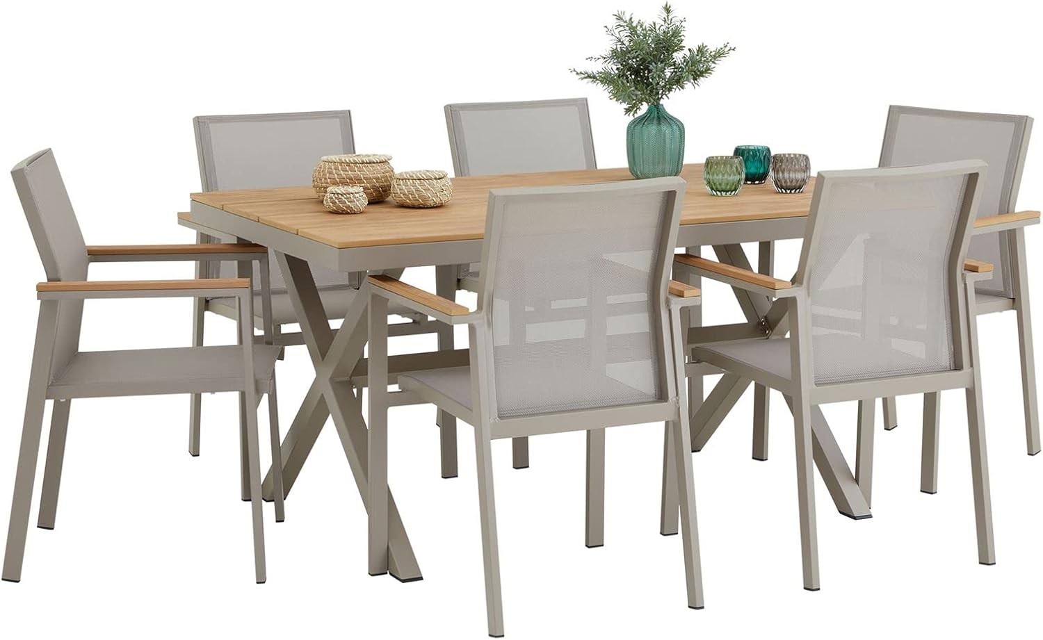 CARO-Möbel Gartenmöbelset Windy mit 1 Tisch und 6 Stühlen aus Alu und Non-Wood in Champagner, Esstisch Set in Holzoptik, Stühle mit Netz witterungsbeständig bespannt