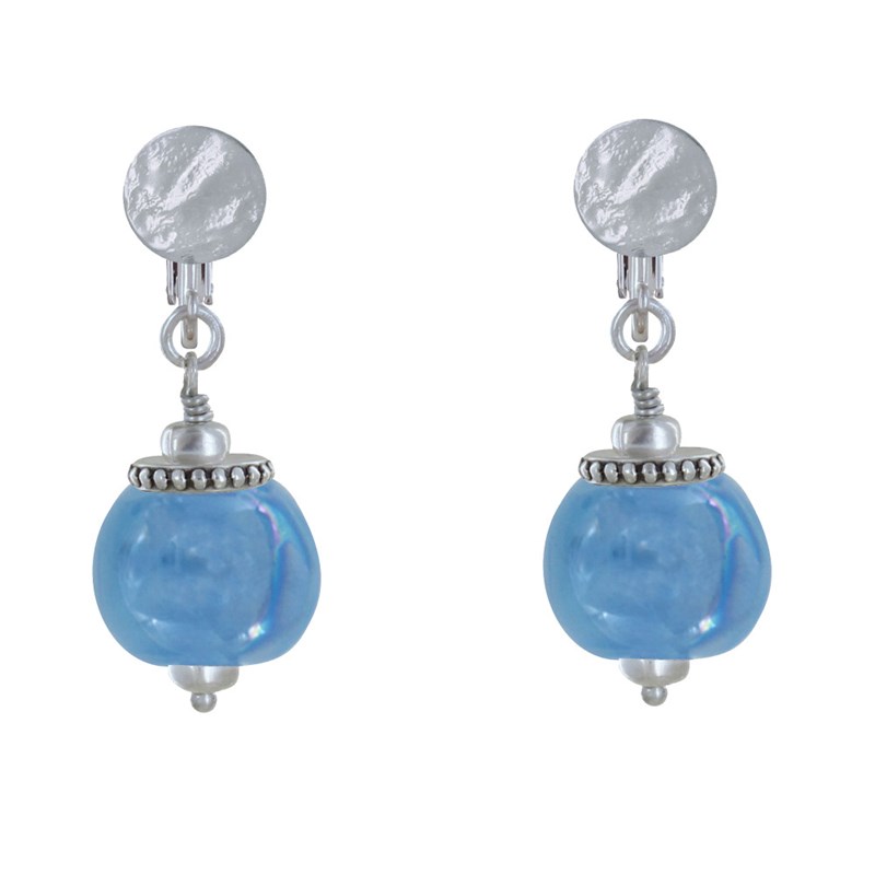 Boucles d'Oreilles Clip Métal Argenté et Grosses Perles en Céramique