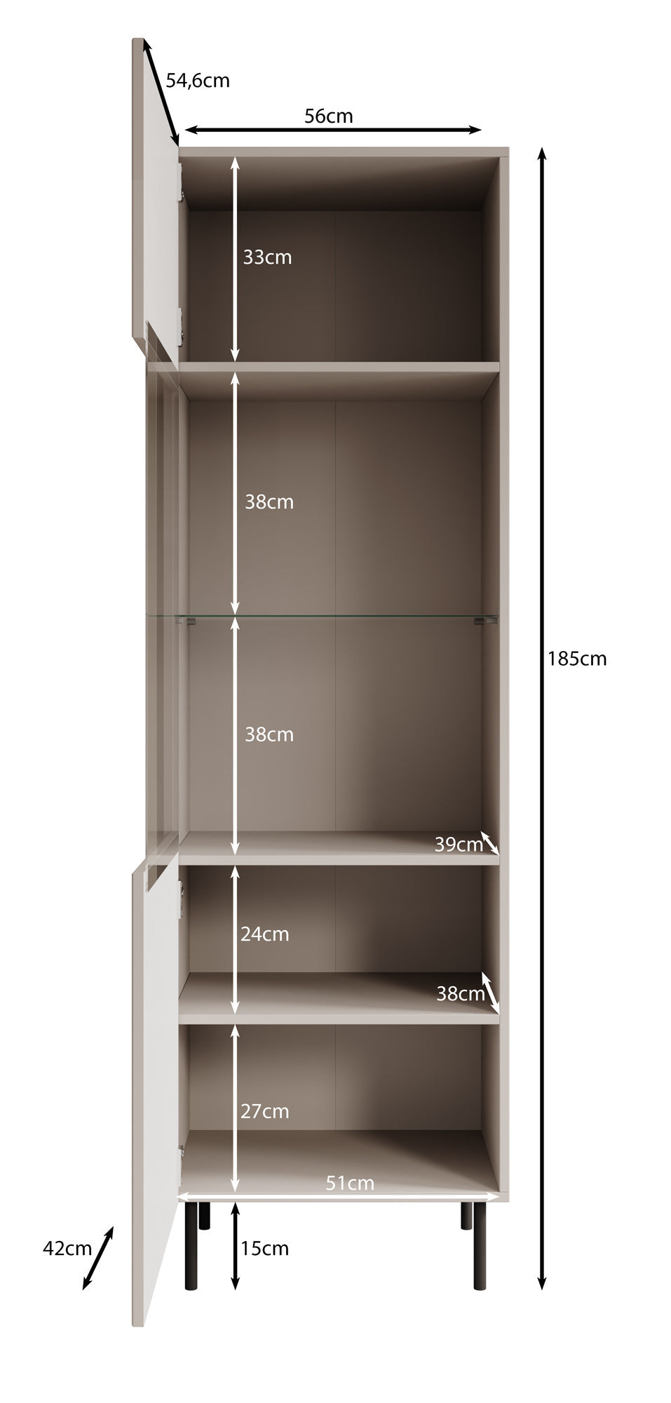 Meubella - Vitrinekast Alex - Beige - 55 cm