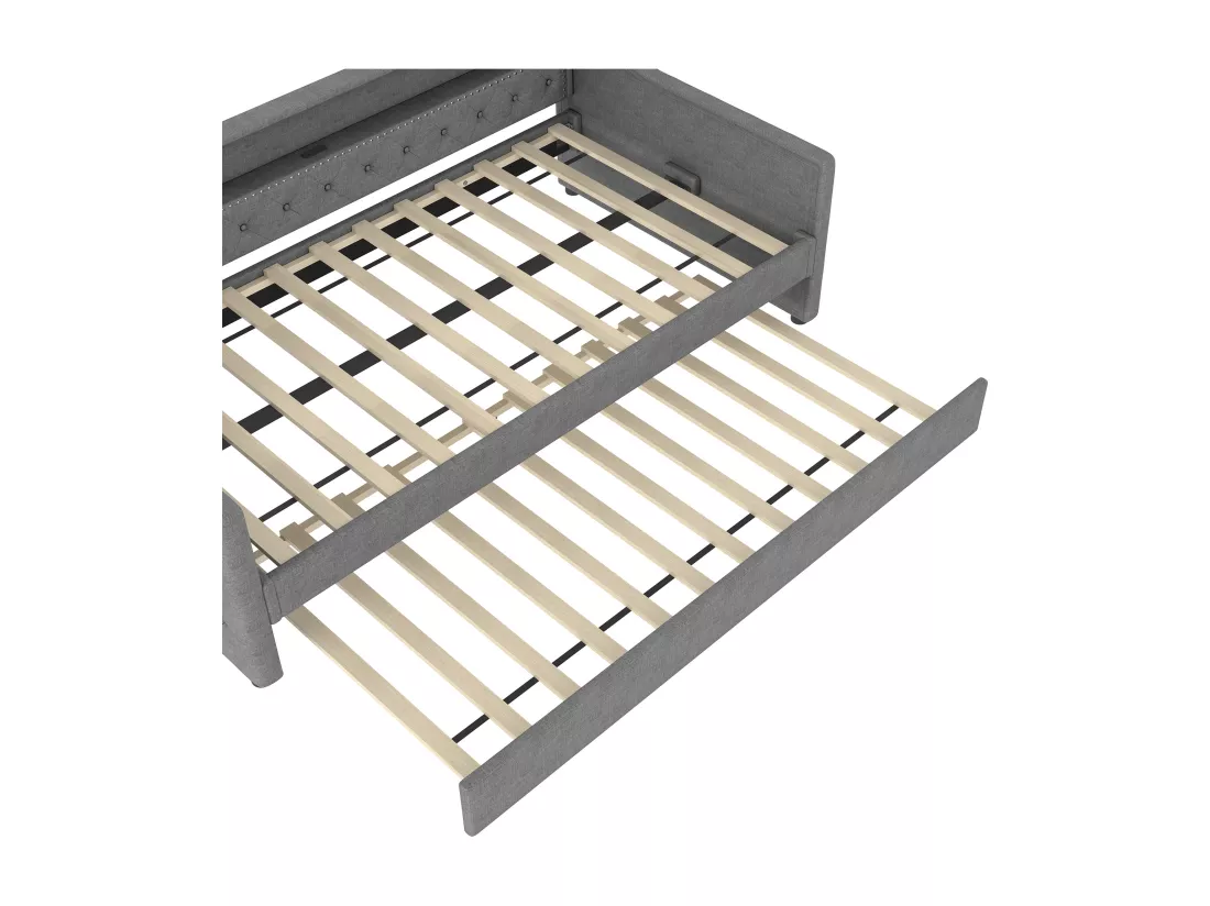 Canapé-lit 90 x 200 cm - avec éclairage LED - avec lit gigogne - avec USB - lin - avec sommier à lattes - gris
