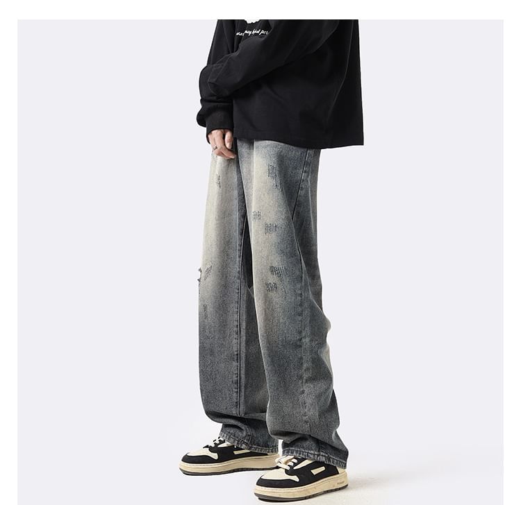 Femilina - Mid Rise Distressed Washed Wide Leg Jeans