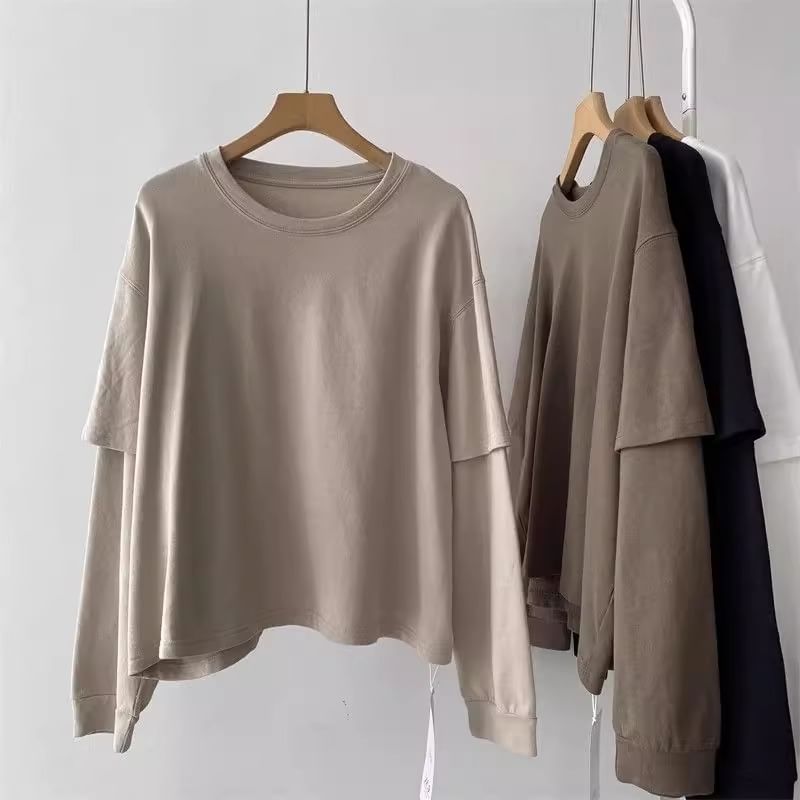 fluffush - Mock Two-Piece Crew Neck Plain Sweatshirt