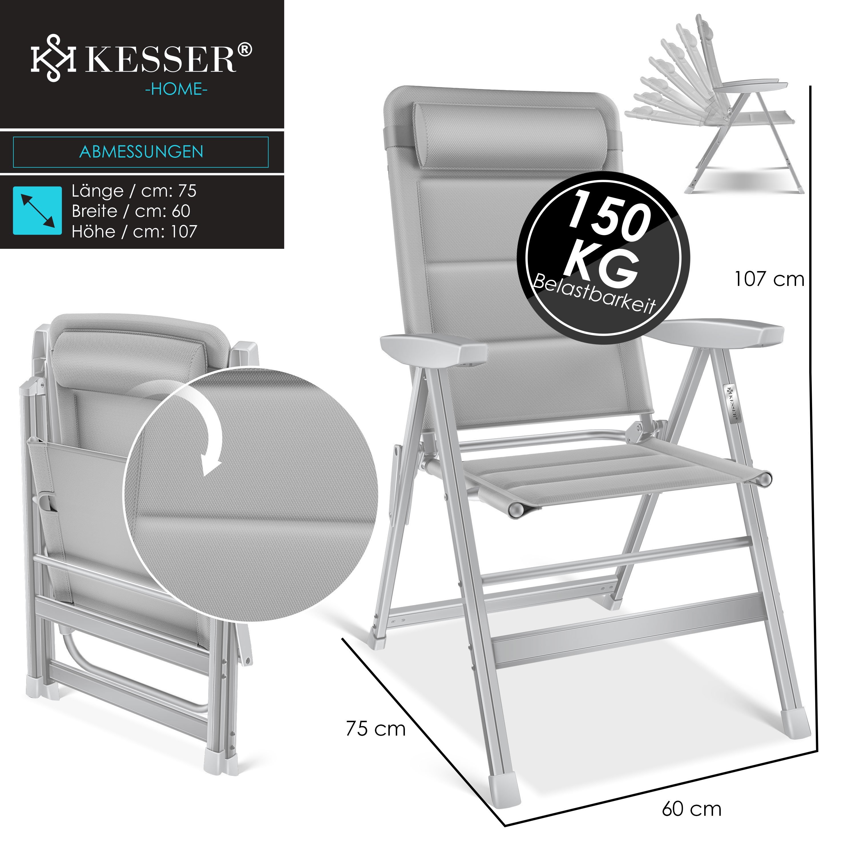 KESSER® Gartenstuhl Hochlehner mit Armlehnen | Aluminium Klappstuhl inkl. Kopfkissen Campingstuhl 7-Fach Verstellbar Rückenlehne | Atmungsaktiv & Wetterfest | Klappbar & Anti-Rutsch