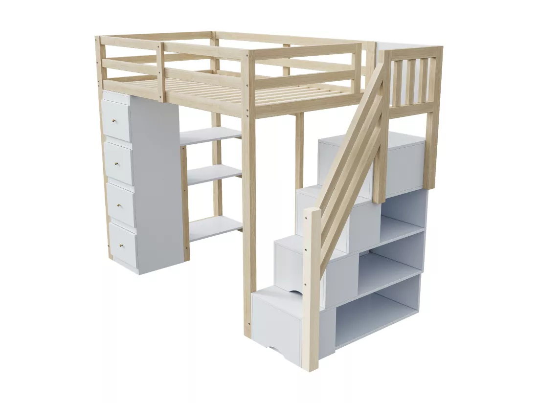 Lit mezzanine 90 x 200 cm avec 4 tiroirs, 4 portes et étagères de rangements - Bois massif + MDF - Sommier à lattes - Naturel + blanc
