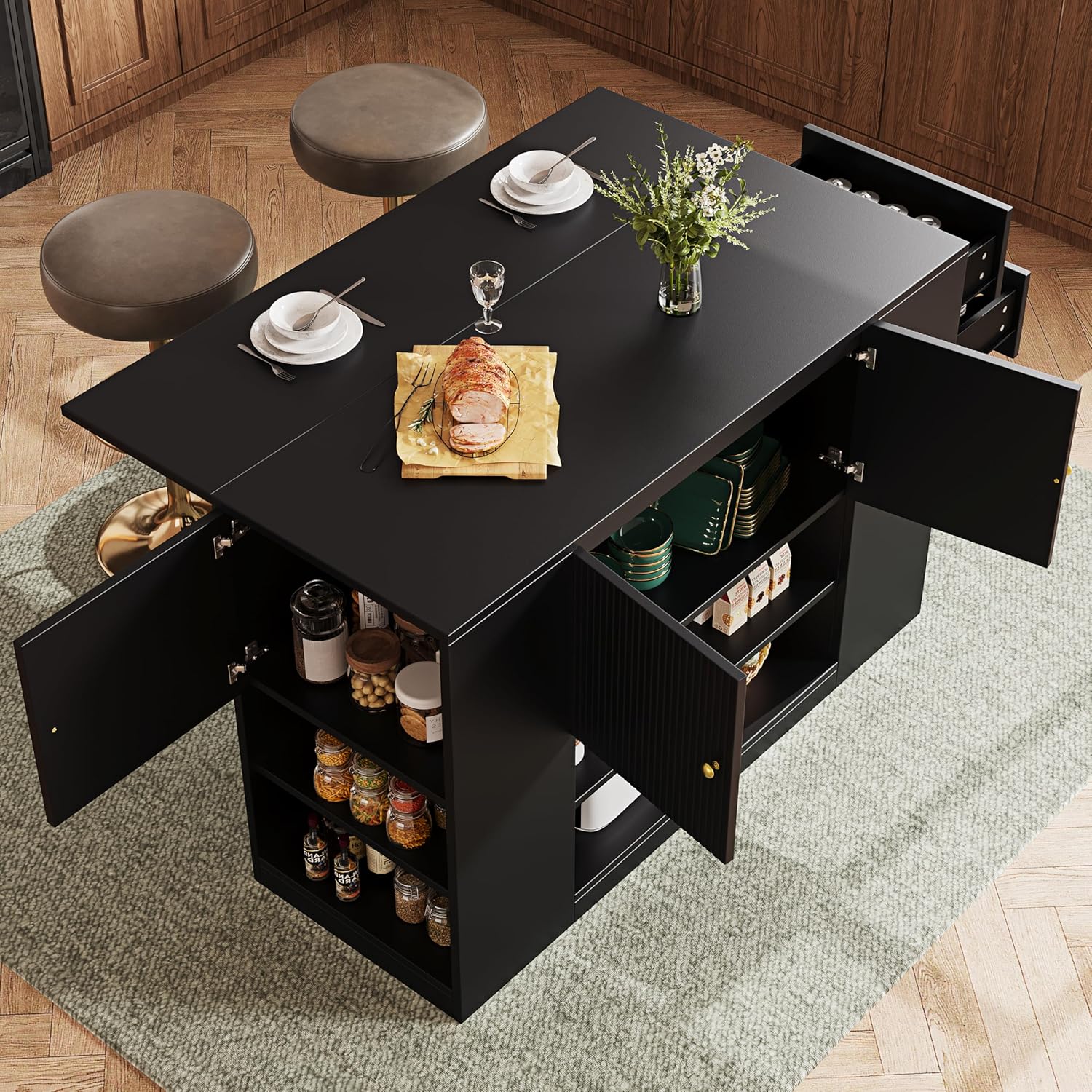 Küchenzeile mit Esstisch-Funktion, Moderne Insel mit Schubladen und Aufbewahrung, Klappbarer Küchenschrank für kleine Küchen, 140x40x90 cm,Schwarz
