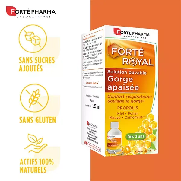 Xarope calmante para garganta Forté Pharma Forté Royal com própolis e mel, indicado para crianças a partir de 3 anos, frasco de 120ml.