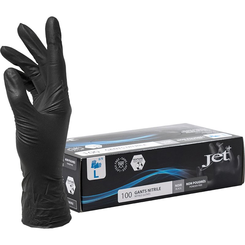 Gants jetables nitrile non poudré noir maxi grip indéchirables - Boîte de 100 gants