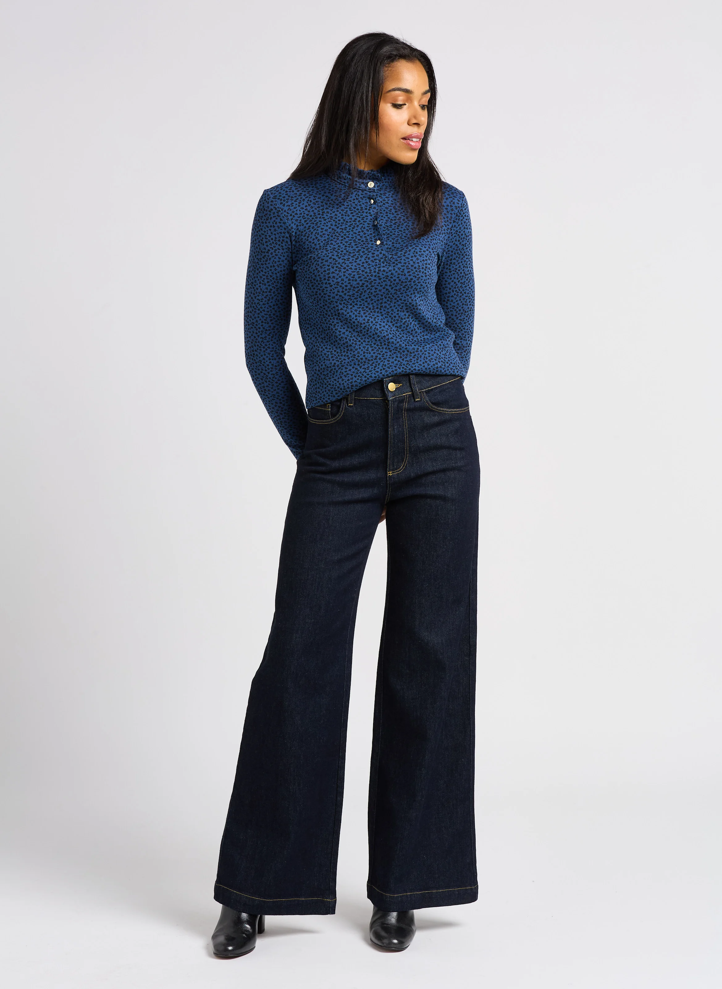 Jean flare taille haute en coton stretch | Bleu