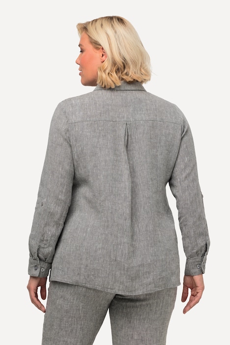 Bluse, Leinen, offener Kragen, Langarm