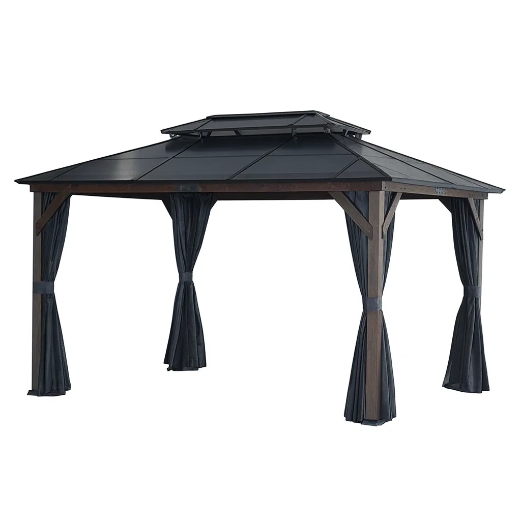 Pavillon en aluminium et acier avec rideaux en polyester brun/noir
