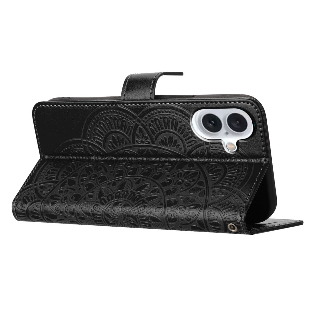 iPhone 16 Leder Tasche Wallet - Mandala Flowers Imprint - Schwarz