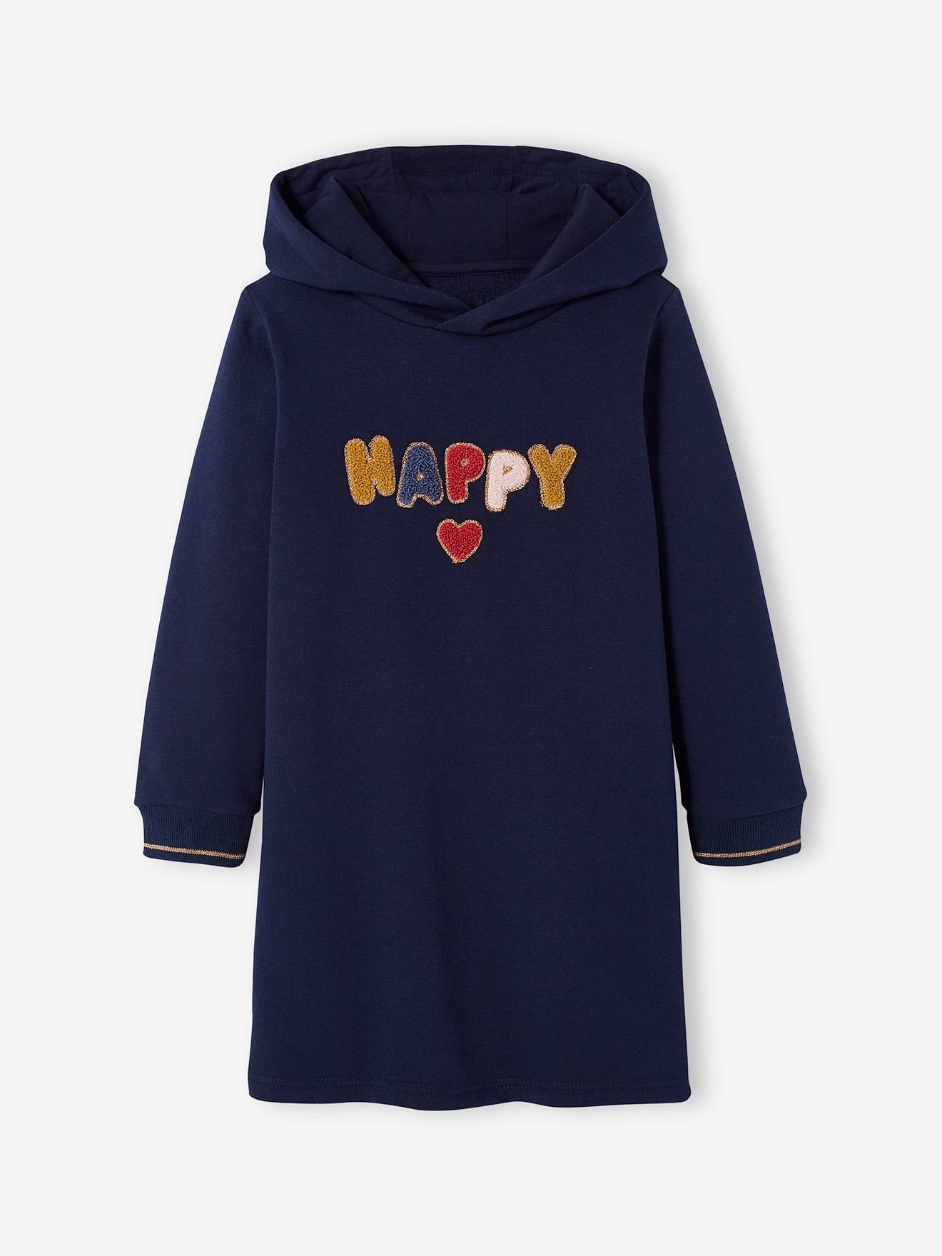 Vestido de pelúcia com capuz e detalhes encantadores, para meninas, azul médio liso com estampas.