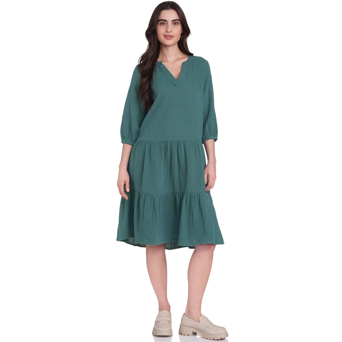 Gina Damen Musselin-Kleid mit weiten Ärmeln dunkelgrün