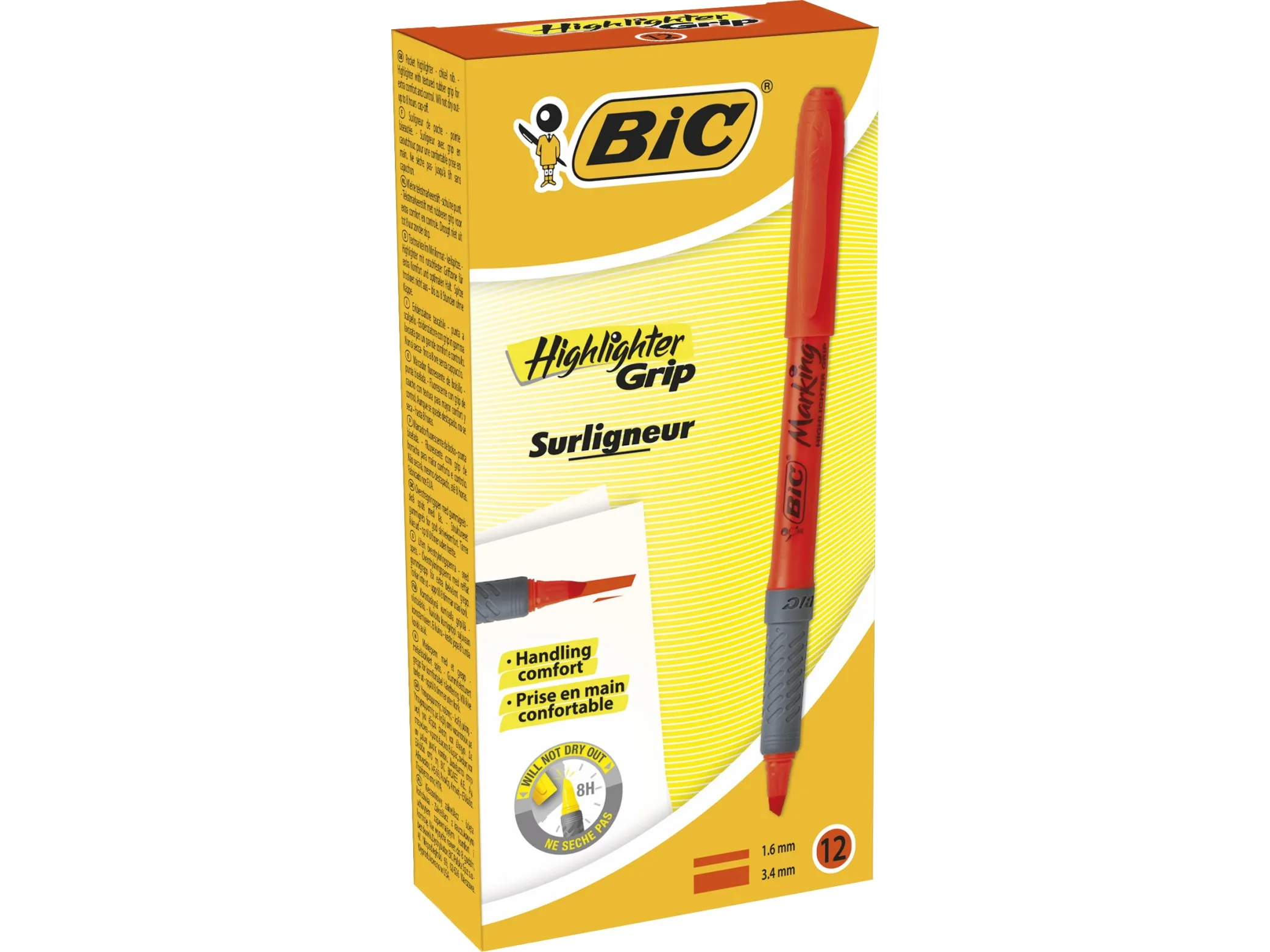 Overstregningspen BIC Highlighter Grip orange med skrå spids - (12 stk.)