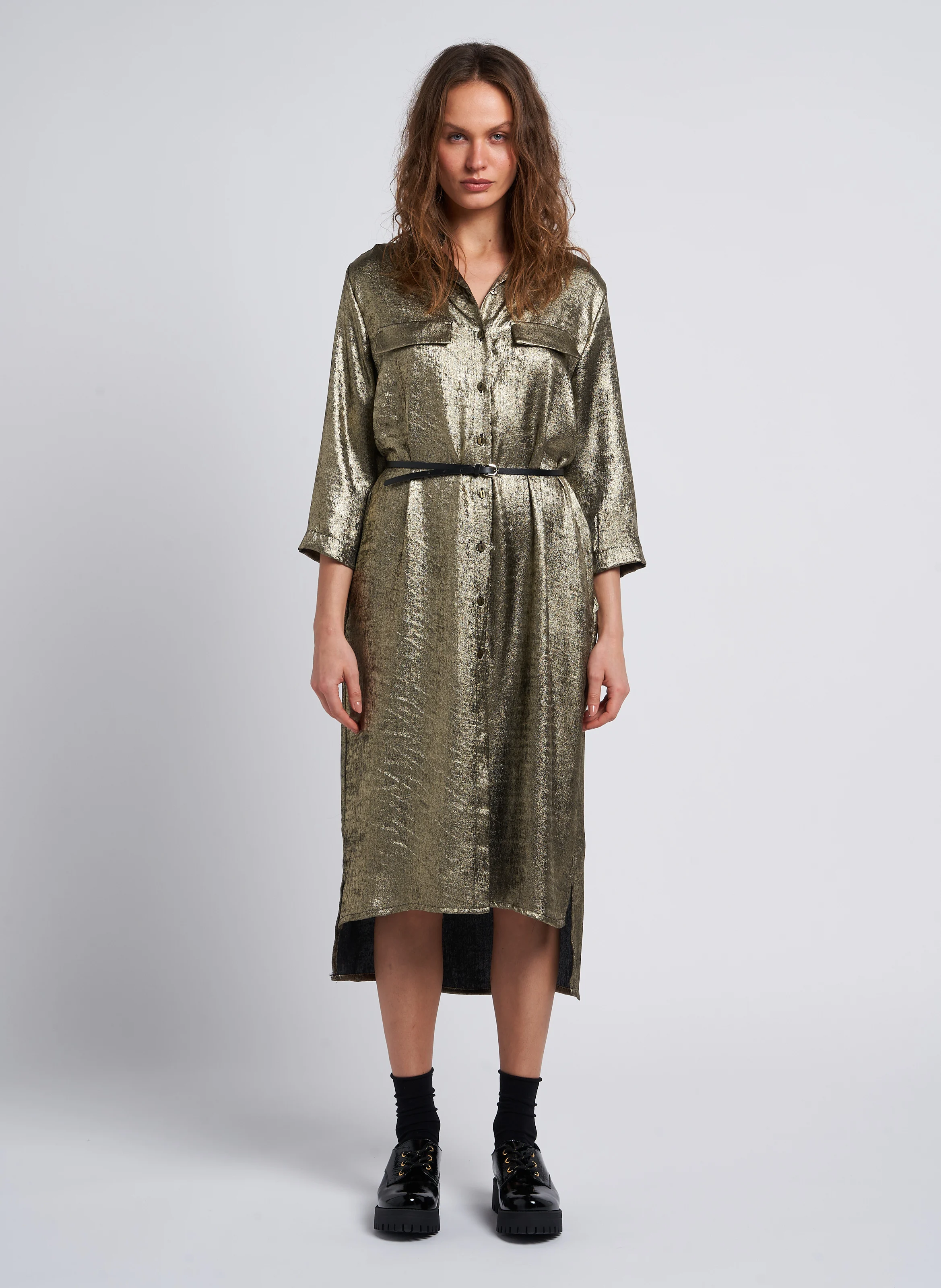 Robe midi col classique aspect métallisé | Vert