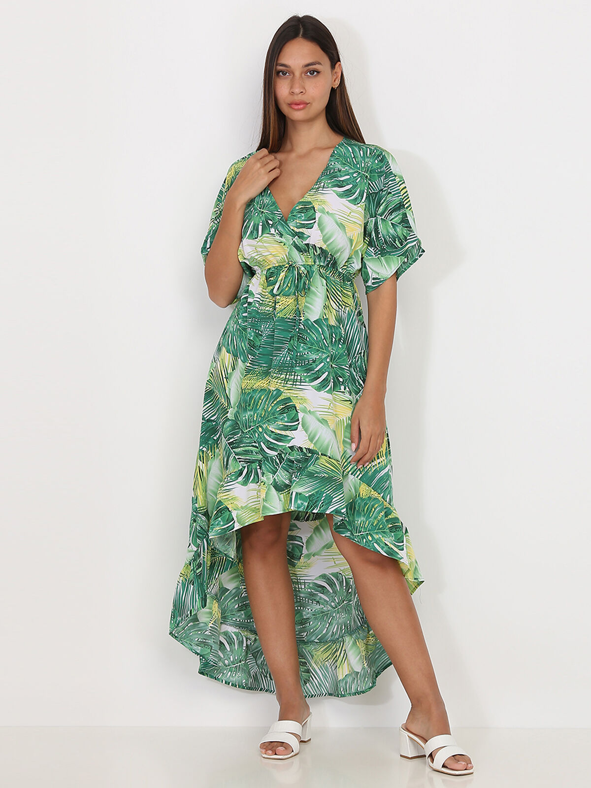 Robe longue asymétrique à imprimé tropical- Blanc