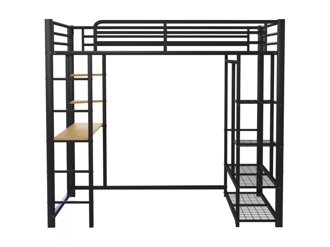 Lit mezzanine lit en fer/ lit en métal 140*200cm lit simple enfant avec compartiment de rangement table et sommier à lattes, noir