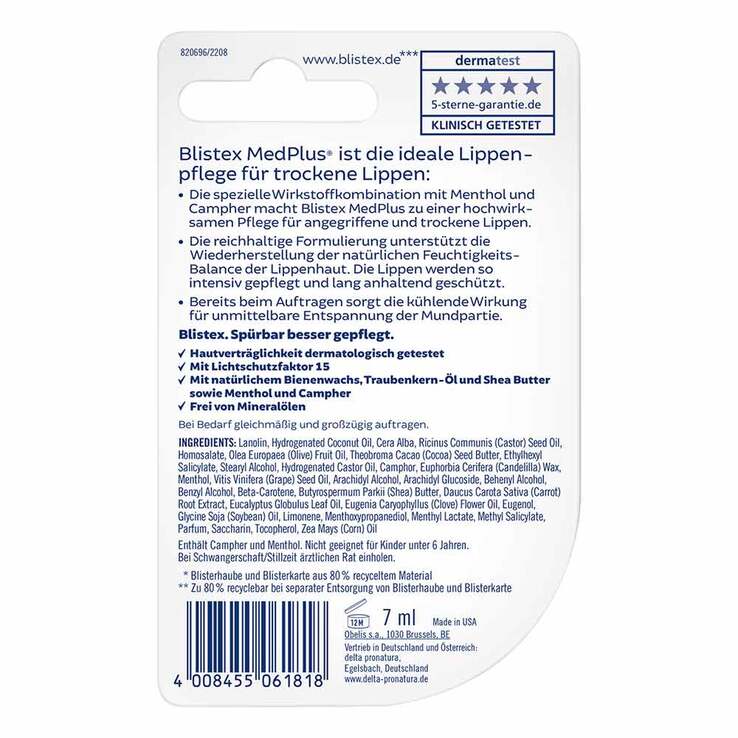 Blistex Medplus Creme ohne Mineralöl Tiegel, 7 ml