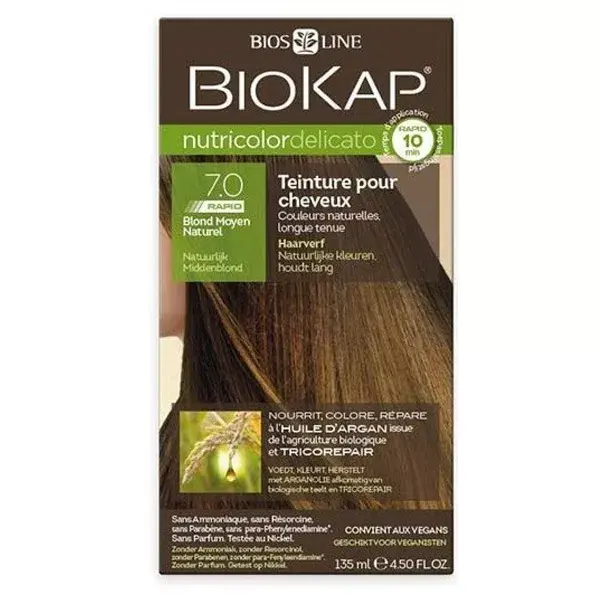 Biokap Nutricolor Delicato Coloração Rápida para Cabelo 7.0 Louro Médio Natural 135ml