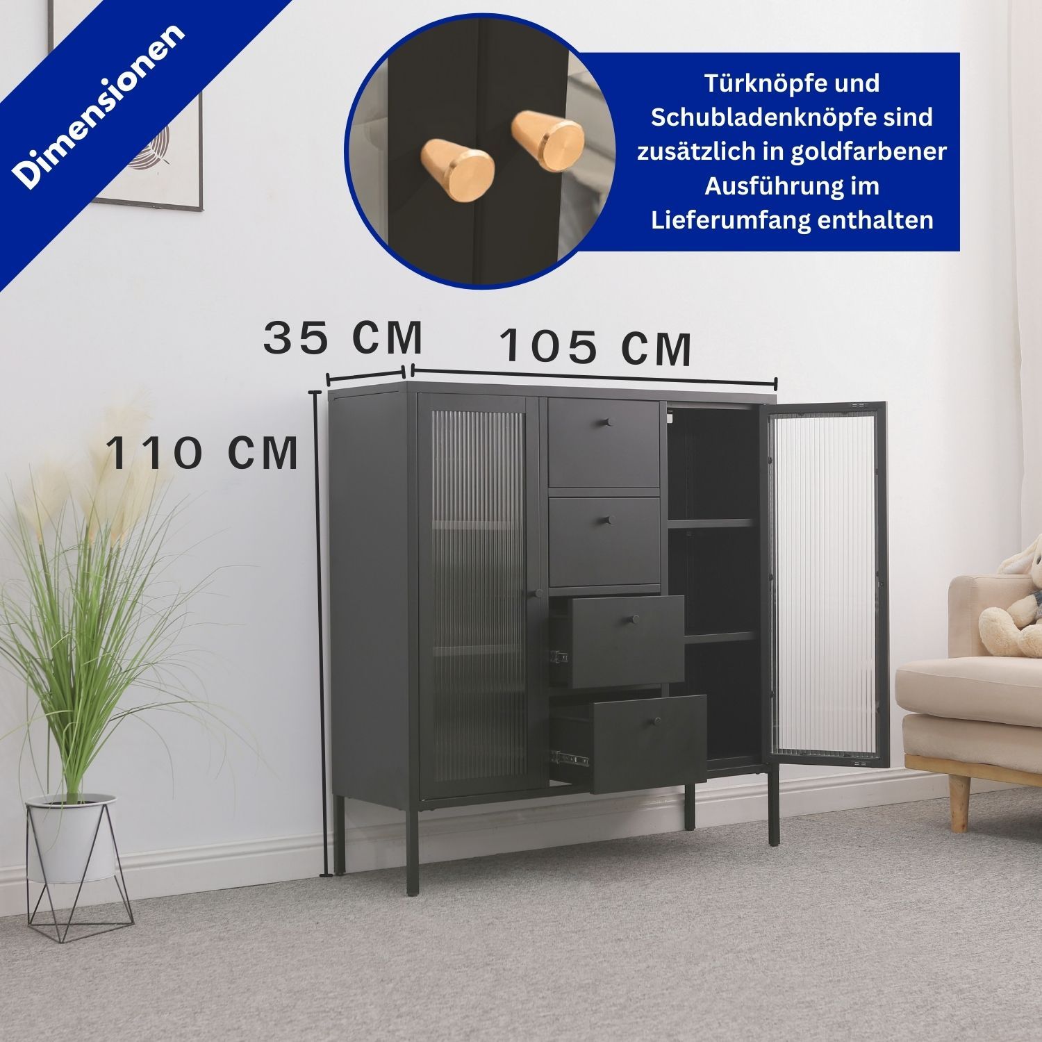 Mein-Regal Highboard Paris 105x35x110cm Metall 4 Schubladen Glastüren schwarz