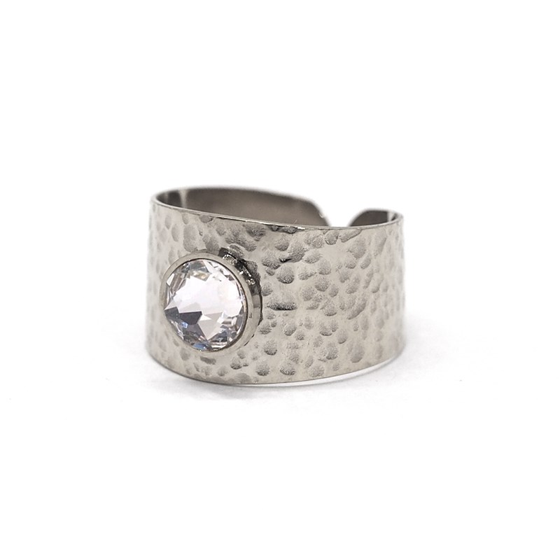 Bague ajustable martelée en acier argentée ornée de cristaux Swarovski avec pierre Crystal