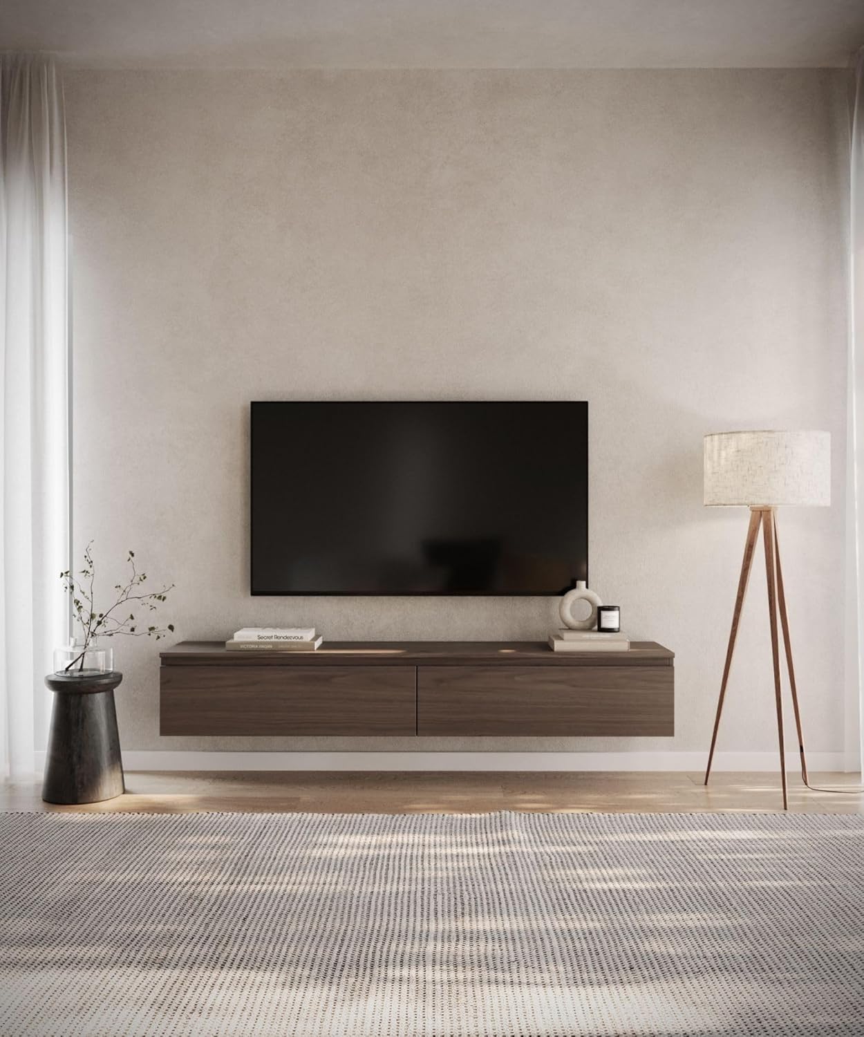 Selsey Hängeboard Bemmi 28,4x175x31,8 cm, Minimalistisches TV Lowboard, Wisconsin-Walnuss, Hochwertige Spanplatte mit ABS-Kanten, Zwei Klappenfächer,Melaminbeschichtet, Ideal fürs Wohnzimmer