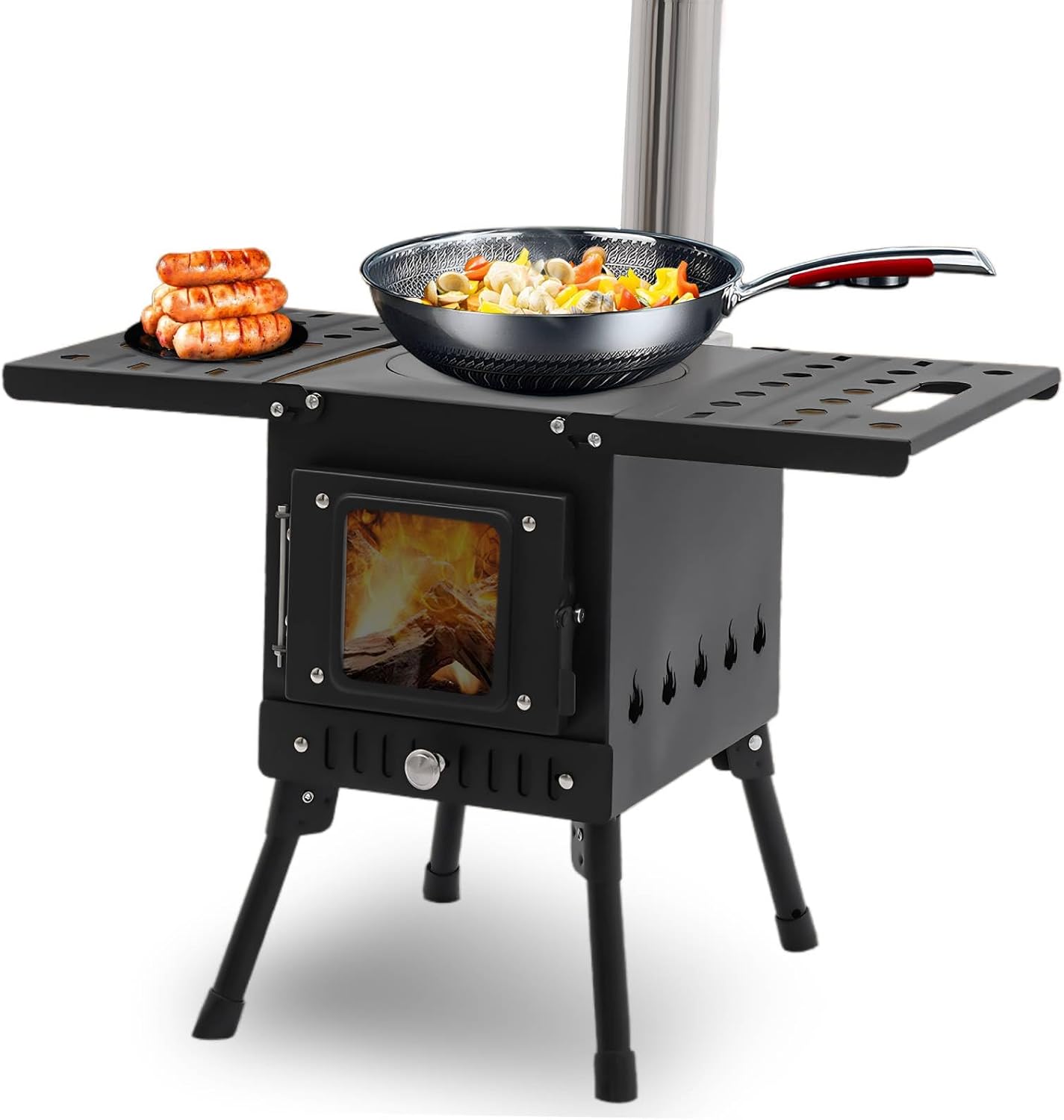 Camping Holzofen, Faltbarer Zelt Holz Brennofen, Tragbarer Heißer Zeltofen mit Rohr und Handschuhen, Zeltheizung Campingofen für Outdoor Heizung & Kochen, Eisfischen, Schwarz