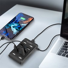 Hub USB 2.0, 10 ports, avec interrupteur, noir