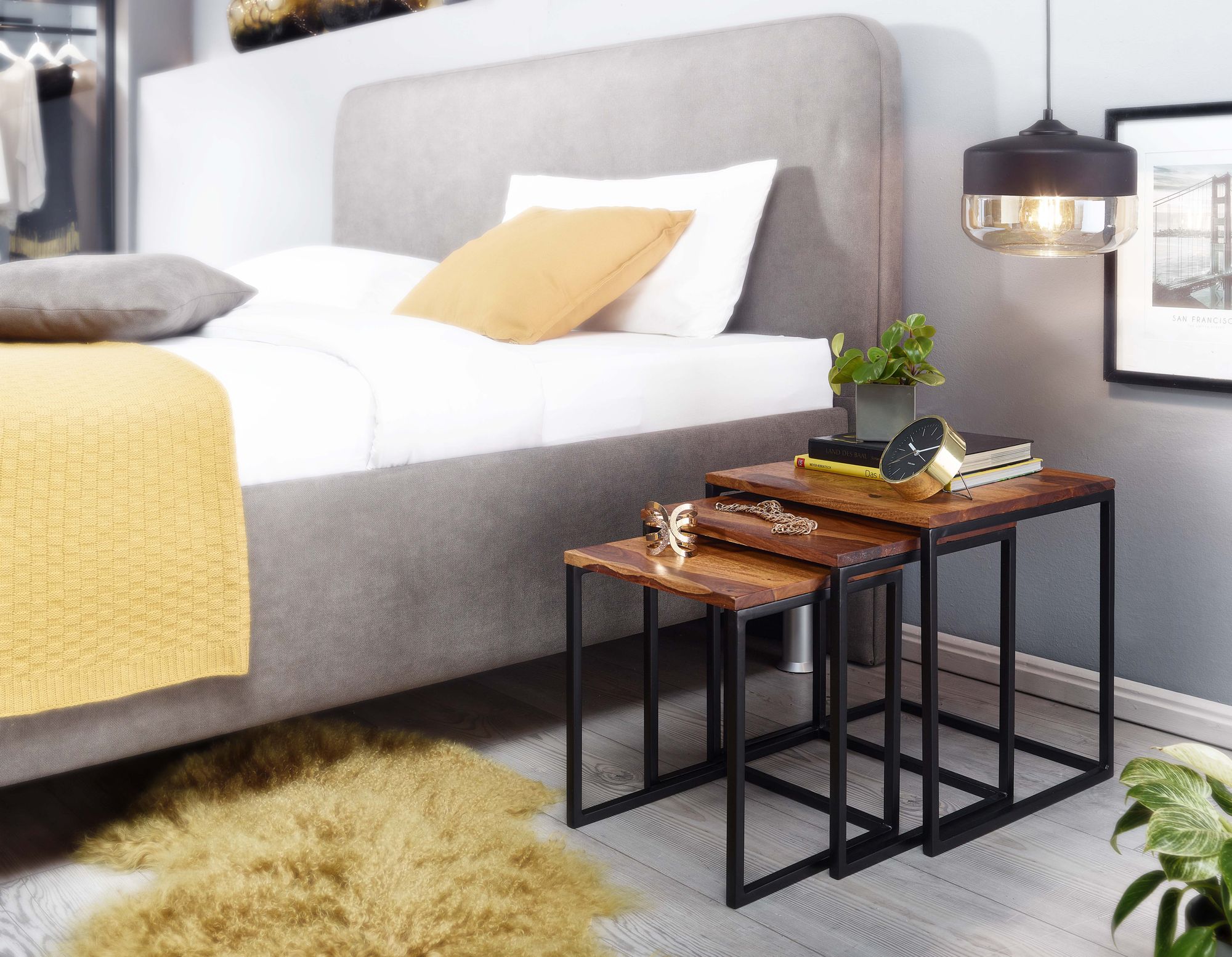 Satztisch FineBuy Beistelltisch 3er Set Holz Massiv Metall Couchtisch Tisch
