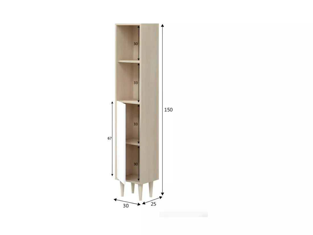 Colonne 1 porte 2 niches Chêne/Blanc brillant - NAVERO - L 30 x l 25 x H 150 cm