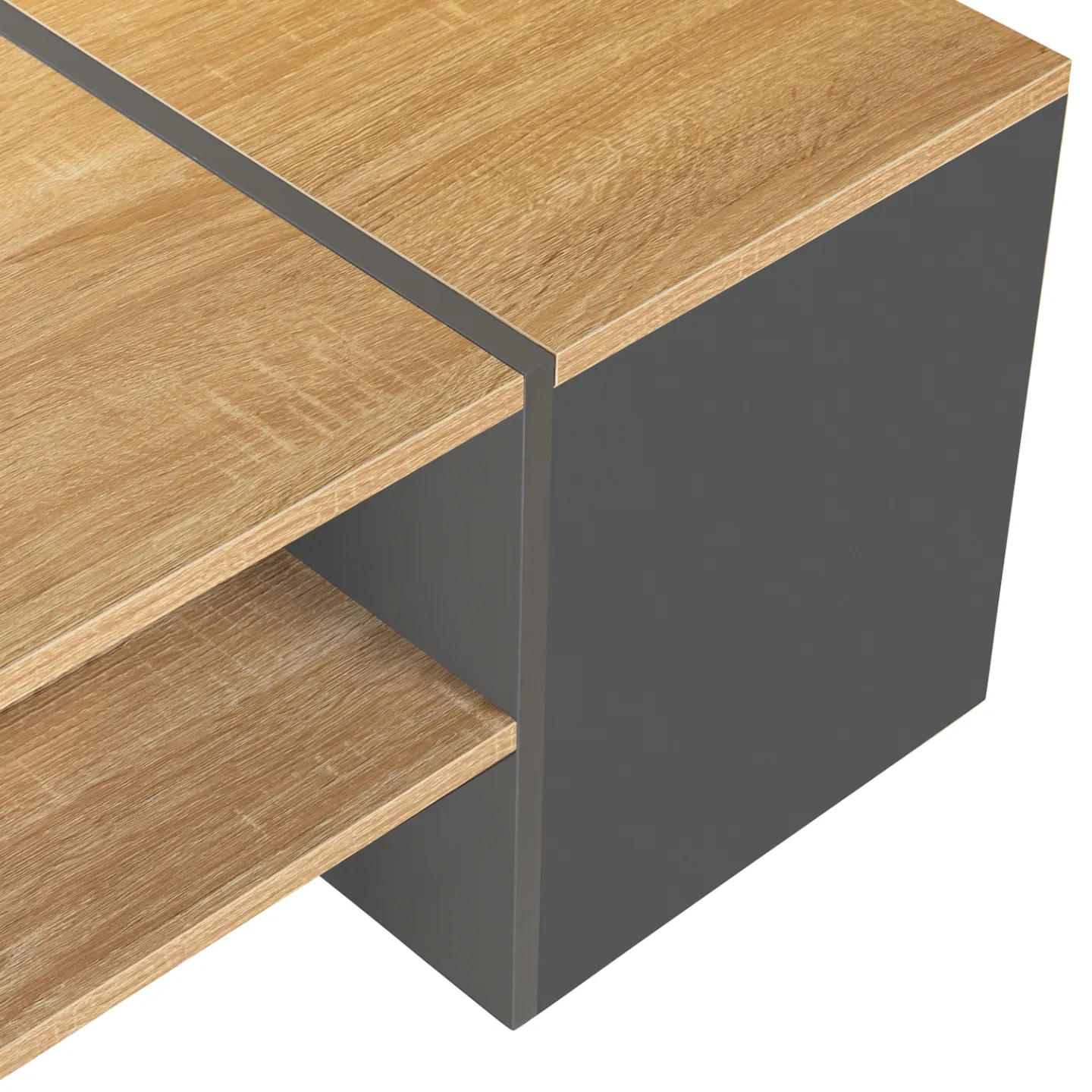 Table basse bar contemporaine rectangulaire IZIA avec coffre gris et plateaux bois