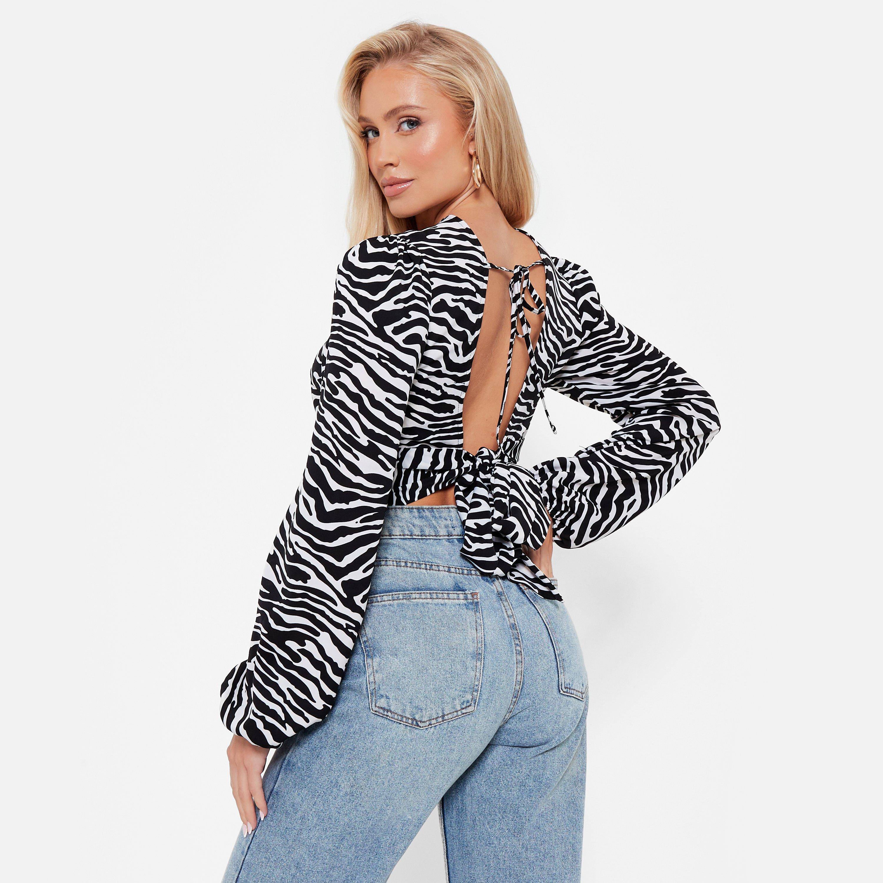 I Saw It First ISAWITFIRST Printed Tie Back Puff Sleeve Cropped Blouse